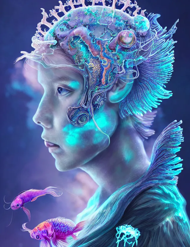 Image similar to goddess macro 3 / 4 profile portrait with crown made of ram skull. betta fish, jellyfish phoenix, bioluminiscent, plasma, ice, water, wind, creature, super intricate ornaments artwork by tooth wu and wlop and beeple and greg rutkowski