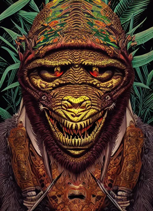 Image similar to barong family member, wiwek, mara demon, lizard tongue, one single tribe member, jungle, one single mask, dark, ancient warrior, gorilla, tribals, art by dan mumford and justin gerard