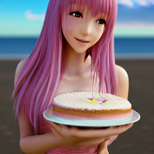 Image similar to Render of a beautiful 3d anime woman holding a birthday cake out to the camera, long light pink hair, full bangs, hazel eyes, cute freckles, full round face, soft smile, Chinese heritage, cute checkerboard sundress, golden hour, serene beach setting, medium shot, mid-shot, hyperdetailed, trending on Artstation, Unreal Engine 4k