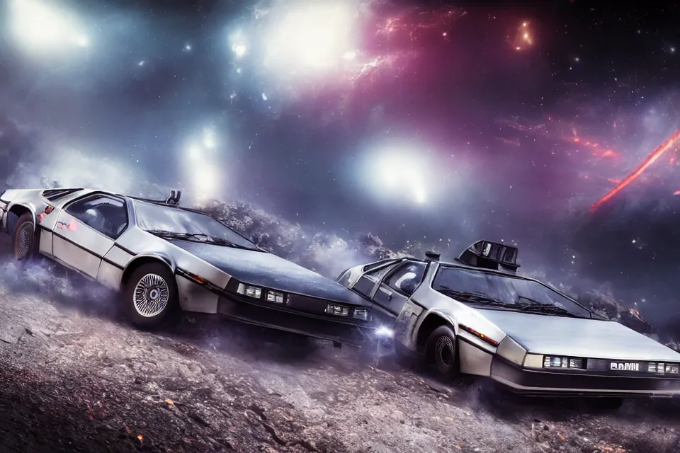 Image similar to ultra realistic delorean dmc 5 drifting on road wreckage orbiting earth in space, dark cinematic, volumetric, realistic, 3 d render, realistic render, cinematic lighting, volumetric lighting, atmospheric, cinematic, unreal engine 5, unreal engine render, octane render, hd, photorealism, hyper realistic, 8 k