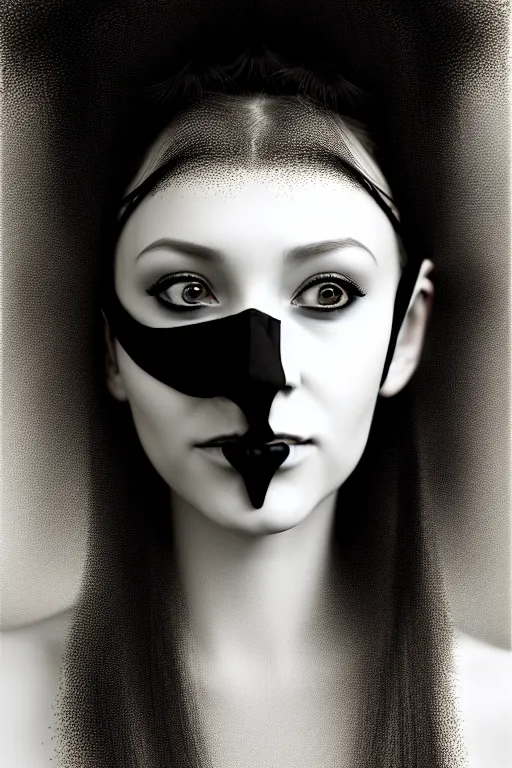 Image similar to portrait of a young beautiful woman with a mask. contemporary photograph and speed painting and fractal and mandelbulb and lines and scribble art. black and white, black on black. intricate, elegant, super highly detailed, professional digital painting, concept art, smooth, sharp focus, no blur, no dof, extreme illustration, Unreal Engine 5, Photorealism, HD quality, 8k resolution, 3D, beautiful, cinematic, art