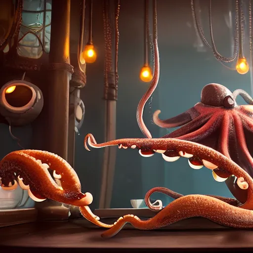 Image similar to octopus in the restaurant cute, illustration, digital art, inspired by little big planet, by greg rutkowski, sharp, masterpiece, highly detailed, photorealistic, octane render, 8 k, unreal engine 5, trending on artstation, vivid colors