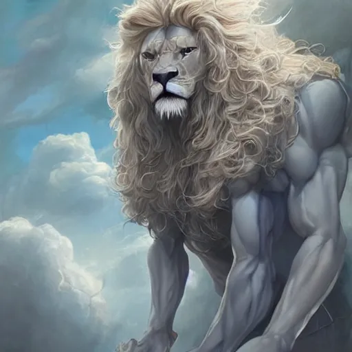 Image similar to aesthetic portrait commission of a albino muscular and attractive anthro lion as a greek god overlord with mane fur turning into cosmic smoke in the clouds, fantasy art, hyperdetailed. Character design by charlie bowater, ross tran, artgerm, and makoto shinkai, detailed, inked, western comic book art, 2021 award winning painting