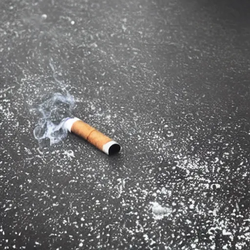 Image similar to beautiful photo, aspic on asphalt smoking cigarette, night, rain, fog, wet road