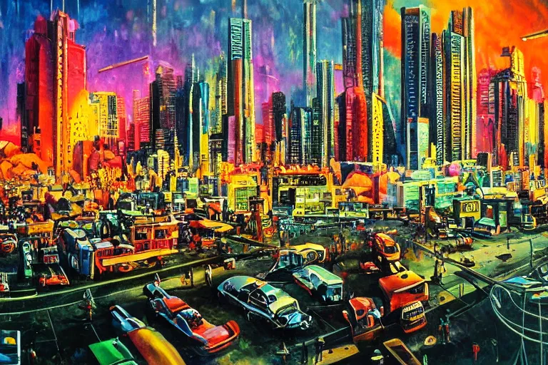 Prompt: 4 k hyper realistic oil painting of 1 9 8 0 s city at amn electronic music festival, rave, huge stage booming hard techno music, detailed painting in the style of axel aabrink