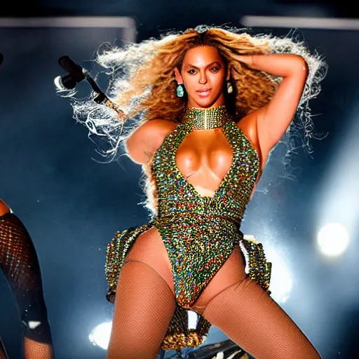 Prompt: Beyonce giving a concert, (EOS 5DS R, ISO100, f/8, 1/125, 84mm, postprocessed, crisp face, facial features)