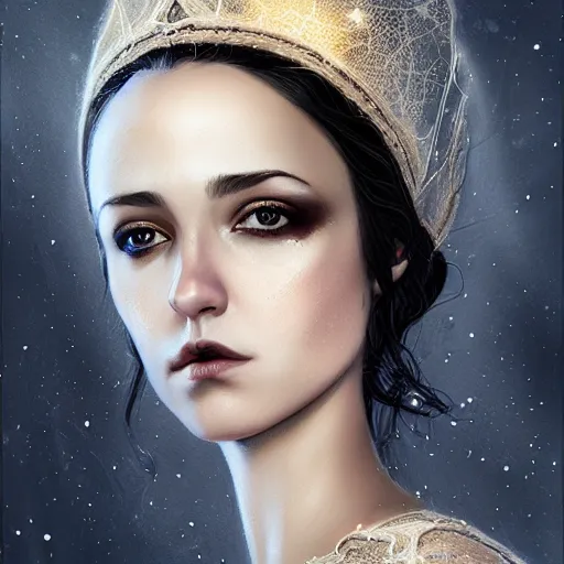 Image similar to gorgeous female stella maeve magician, realistic character concept, medium shot, elegant pose, spooky, illustration, symmetrical face and body, realistic symmetrical eyes, artstation, cinematic lighting, detailed realistic symmetrical eyes, 8 k, charlie bowater, tom bagshaw, single face, insanely detailed and intricate elegant, autumn leaves