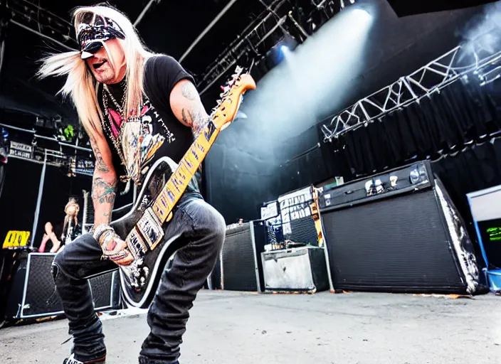 Prompt: photo still of brett michaels on stage at vans warped tour!!!!!!!! at age 4 8 years old 4 8 years of age!!!!!!!! shredding on guitar, 8 k, 8 5 mm f 1. 8, studio lighting, rim light, right side key light