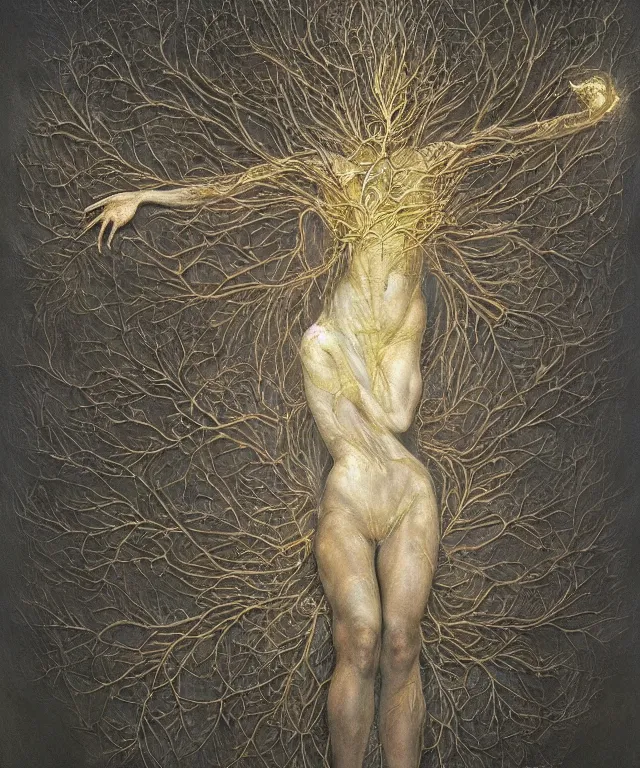 Image similar to Beautiful full-body wax sculpture of a glowing transparent infinite plant with women faces as leaves with visible gold bones covered with melted white wax inside the singularity where stars becoming baroque folds of dark matter of Samsara by Michelangelo da Caravaggio, Nicola Samori, William Blake, Alex Grey and Beksinski, dramatic volumetric lighting, highly detailed oil painting, the golden ratio intial composition, 8k, masterpiece