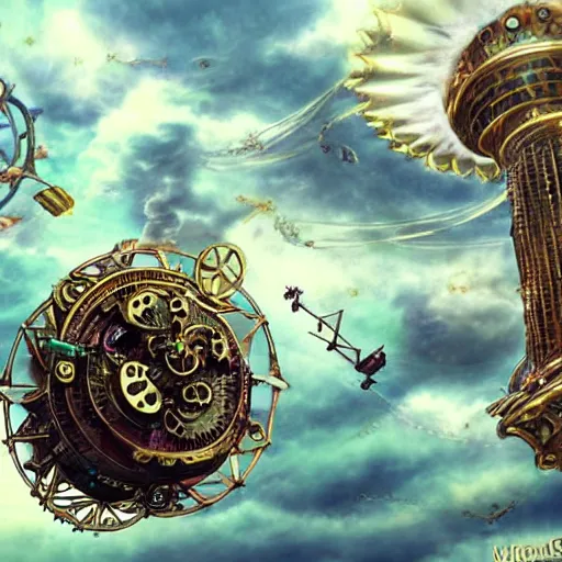 Image similar to flying city in a mechanical flower, clouds, sky, fantasy art, steampunk, masterpiece