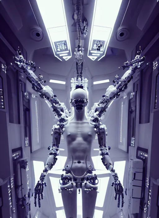 Image similar to dark high detailed space station interior a statue jesus on cross made of white marble, perfect symmetrical body, full body shot, inflateble shapes, wires, tubes, veins, jellyfish, white biomechanical details, wearing epic bionic cyborg implants, masterpiece, intricate, biopunk, vogue, highly detailed, artstation, concept art, cyberpunk, octane render