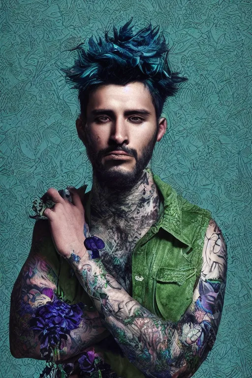 Image similar to portrait of a man with cracked thick skin. dark blue-green hair, dark flower pattern wallpaper background, high detail, by Eddie Mendoza