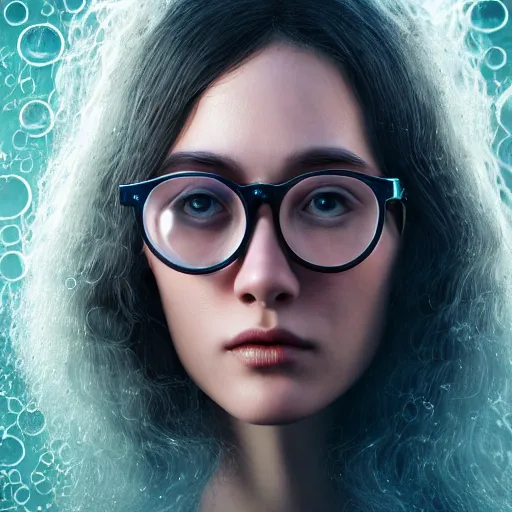 Prompt: hyperrealistic mixed media image of random magic of woman with metal round glasses, bubbles in hair, stunning 3 d render inspired art by greg rutkowski and xiang duan and audrey kawasaki, perfect facial symmetry, flesh texture, realistic, highly detailed attributes and atmosphere, dim volumetric cinematic lighting, 8 k octane detailed render, post - processing, masterpiece,