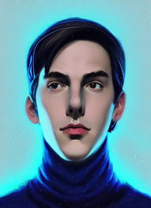 Image similar to portrait of teenage jughead jones wearing a light grey crown, crown, blue turtleneck, 1 9 5 0 s, closed eyes, photorealistic, black hair, glowing lighting, intricate, elegant, glowing lights, highly detailed, digital painting, artstation, concept art, smooth, sharp focus, illustration, art by wlop, mars ravelo and greg rutkowski