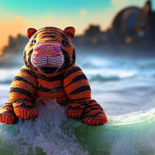 Image similar to a closeup photorealistic photograph of a cute smiling knitted tiger hippopotamus riding a wave at sunset. surf in background. professional capture. brightly lit scene. this 4 k hd image is trending on artstation, featured on behance, well - rendered, extra crisp, features intricate detail, epic composition and the style of unreal engine.