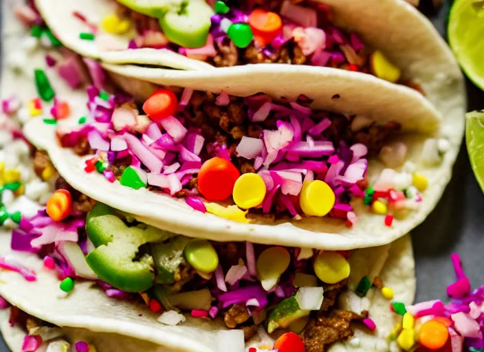 Prompt: dslr food photograph of a tacos topped with rainbow sprinkles, 8 5 mm f 1. 8