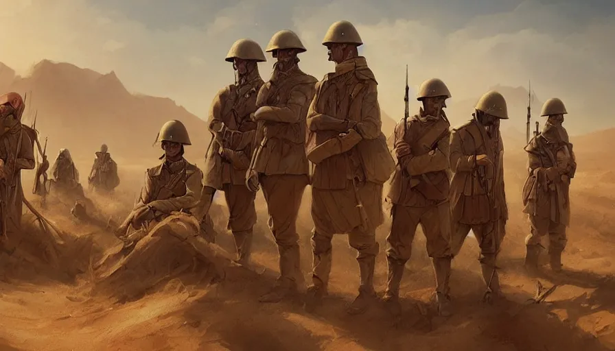 Image similar to beautiful digital painting of a group of barley surviving soldiers in a trench waiting for the war to end, in the sahara desert. cinematic lighting, atmospheric, concept art by artgerm and greg rutkowski,,