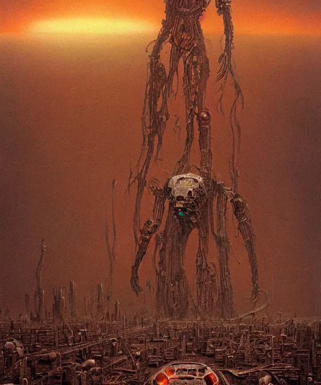 Image similar to a surreal, hellish, and maddening robot made of flesh towering above a destroyed city with a nuclear bomb going off in the background in the style of zdzisław beksinski in the style of h. r. giger trending on artstation deviantart pinterest furaffinity detailed realistic hd 8 k high resolution