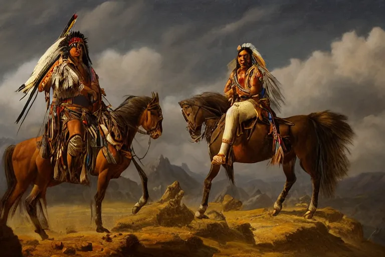 Prompt: a full length extremely detailed masterpiece painting of a rugged warrior American native Apache with an eagle feather in his braided head-ban sitting on his horse overlooking a rugged Texas Big Bend background, in the style of George Catlin, insanely detailed, extremely moody lighting, glowing light and shadow, atmospheric