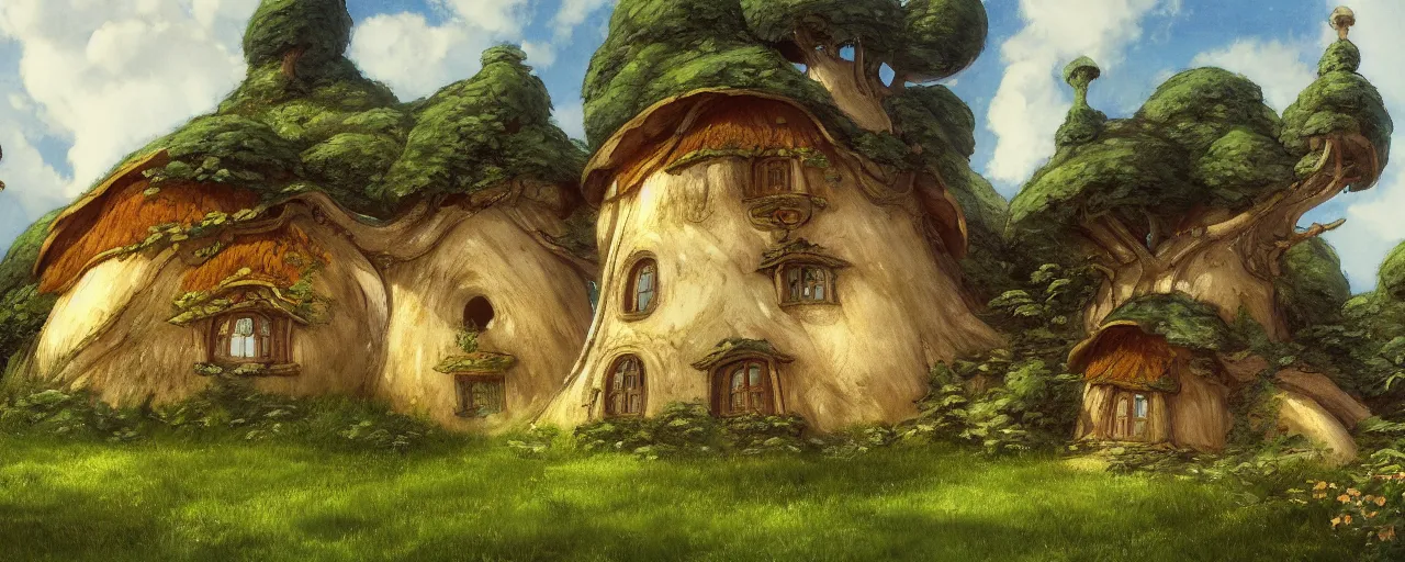 Prompt: ghibli illustrated background of a mushroom shaped house by eugene von guerard, ivan shishkin, john singer sargent, 4 k