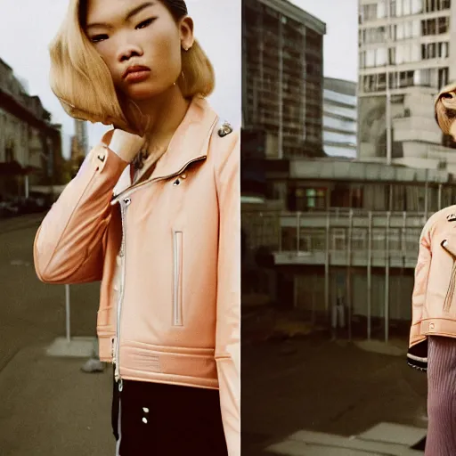 Image similar to realistic photoshooting for a new balenciaga lookbook, color film photography, portrait of a blonde asian woman, model wearing a motorcycle jacket, photo in style of tyler mitchell, 3 5 mm,