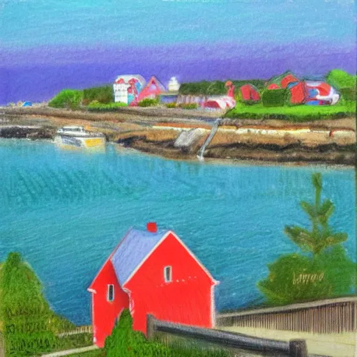 Image similar to “an idyllic, charming New England town by the seaside with colorful buildings, oil pastel”