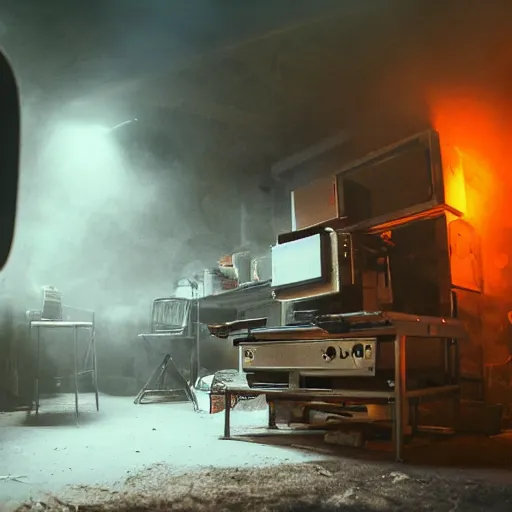 Prompt: toaster oven, dark messy smoke - filled cluttered workshop, dark, dramatic lighting, orange tint, cinematic, highly detailed, sci - fi, futuristic, movie still