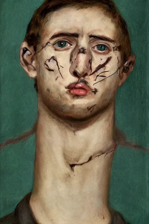 Image similar to Portrait of a Brown hair young male with an anguished face. Round green eyes, set handsomely within their sockets, watch delightfully over the country they\'ve defended for so long. A gunshot left a mark stretching from the bottom of the left cheekbone, first running towards his fairly big lips and ending under his left eye leaving a painful burden of his reckless luck. A true pioneer among goblins. He stands seductively among others, despite his light frame painted by Wayne Barlowe, Greg Rutkowski, zdislav beksinski, Francis Bacon, trending on artstation, artstationHD, artstationHQ, 4k, 8k