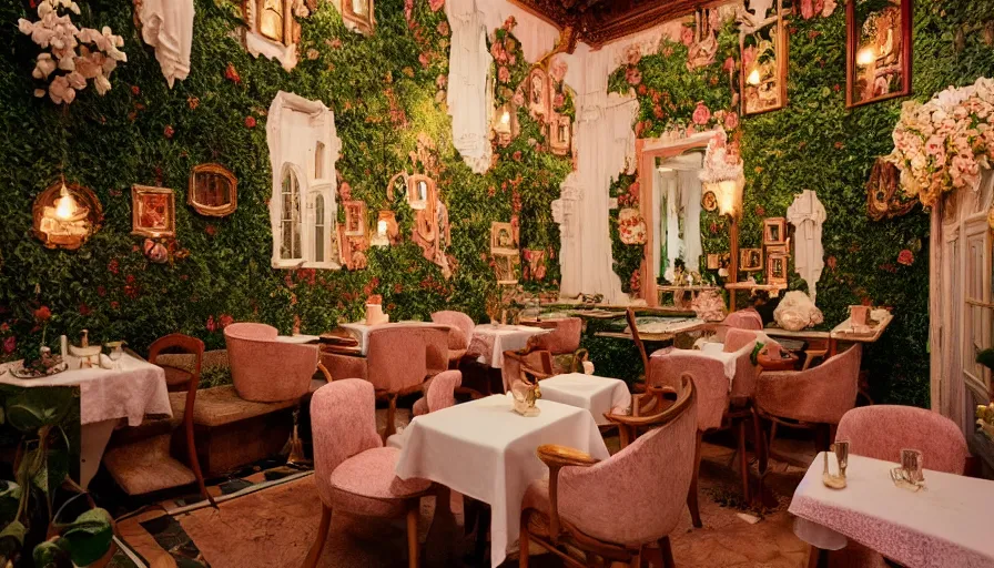 Image similar to Dreamy photo of a very cozy cafe that is transforming into a surreal castle with emple details, lush plants and flowers, in the style of Gucci, photographed by Petra Collins and Wes Anderson, glowing lights, magic details, very detailed, 8k, trending on artstation, very detailed