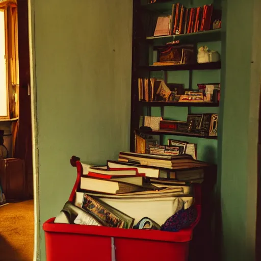 Prompt: A darkened kitsch-filled dusty parlor brightened by the morning sun, a [child\'s red wagon filled with books] is in the corner of the room, cinematic, vignette, ultrarealistic, photograph, 55mm