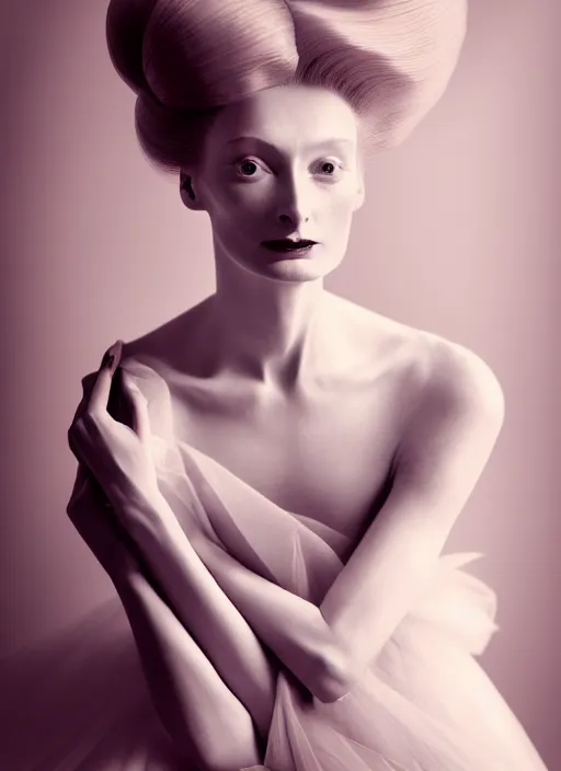 Image similar to portrait photography of a beautiful woman, in style of Cecil Beaton, Tylda Swinton style 3/4 , natural color skin like porcellain pointed in rose, long hair with ornamental hairstyle, full body dressed with a ethereal transparent voile dress, elegrant, 8K post production, soft focus, melanchonic rose soft light, volumetric lighting, highly detailed Realistic, Refined, Highly Detailed, natural point rose', indoor soft lighting, soft delicate lighting colors scheme, soft blur lighting, fine art fashion photography,hyper realistic, ultra detailed