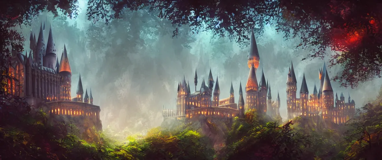 Prompt: huge hogwarts type castle city in the forest behind a garden, concept art, digital painting, style of jordan grimmer, warm lighting, futuristic, volumetric lighting, view from below, vivid colours, bright, daytime, godrays, high detail