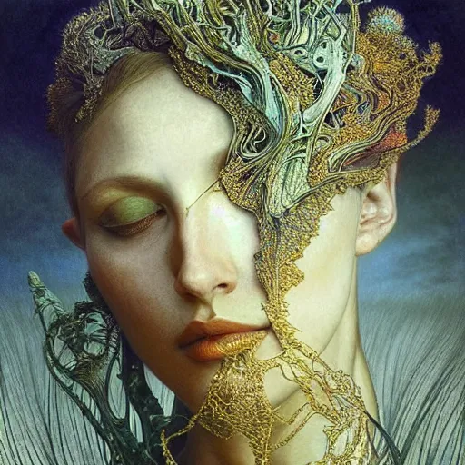 Image similar to queen of jupiter by zdzisław beksinski, iris van herpen!!!, raymond swanland and alphonse mucha. highly detailed!, hyper - real, beautiful!