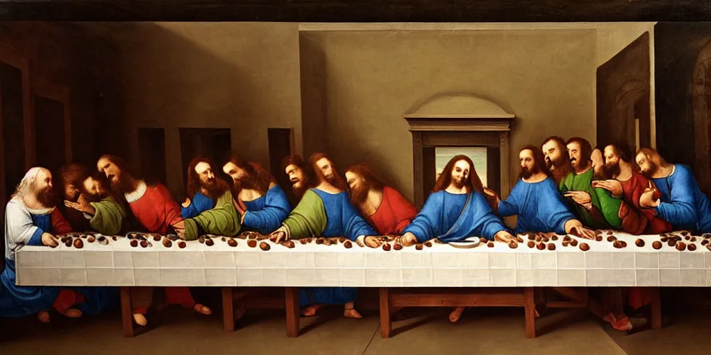 Image similar to an renaissance oil painting depicting animals, the last supper, masterpiece