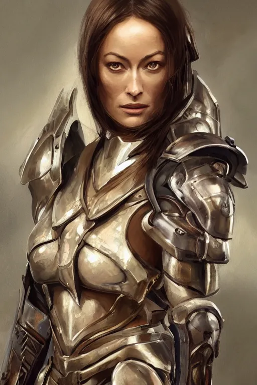 Prompt: a professionally painted portrait of Olivia Wilde, clothed in ancient battle armor, olive skin, long dark hair, beautiful bone structure, symmetrical facial features, stunningly beautiful, intricate, elegant, digital painting, trending on Artstation, concept art, smooth, sharp focus, illustration, from Metal Gear by Ruan Jia and Mandy Jurgens and Artgerm and William-Adolphe Bouguerea, award winning