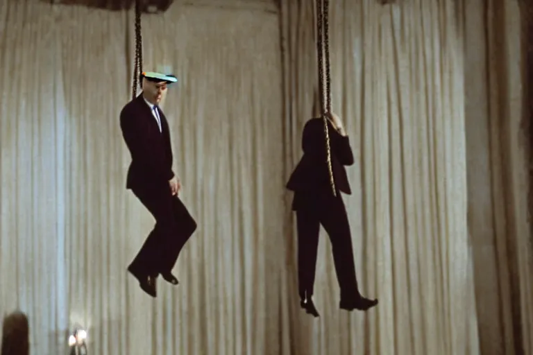 Image similar to movie still of donald trump in mission impossible, hanging from the ceiling, photograph, tv show, cinematic