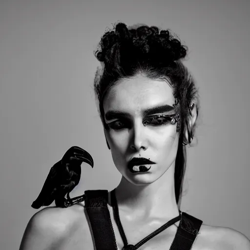 Image similar to fashion photography of a model with the head of a raven, wearing futuristic hip - hop fashion, inside berghain, futuristic fashion, photo 3 5 mm leica, hyperdetail, 8 k, very detailed, black and white