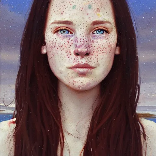 Prompt: Facial portrait of a pretty cottagecore girl, looking at the camera, slight awkward smile, lips slightly parted, hardly visible freckles, no hands visible, extremely detailed painting by Greg Rutkowski and by Steve Henderson and by Harumi Hironaka