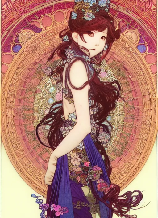 Image similar to highly detailed artgerm artstation minaba hideo fantastic fate katsuhiro otomo manga poster of dressed princess mechine, minaba hideo, alphonse mucha, long hair, armor, laces, ruffles, 8 k, fluorescent, maximalist, jump comics, art nouveau, takato yamamoto