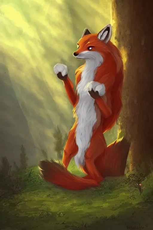 Prompt: a medieval anthropomorphic fox with a big fluffy tail in a forest, trending on furaffinity, trending on artstation, digital art, backlighting, by kawacy, dramatic lighting, cartoon, furry art