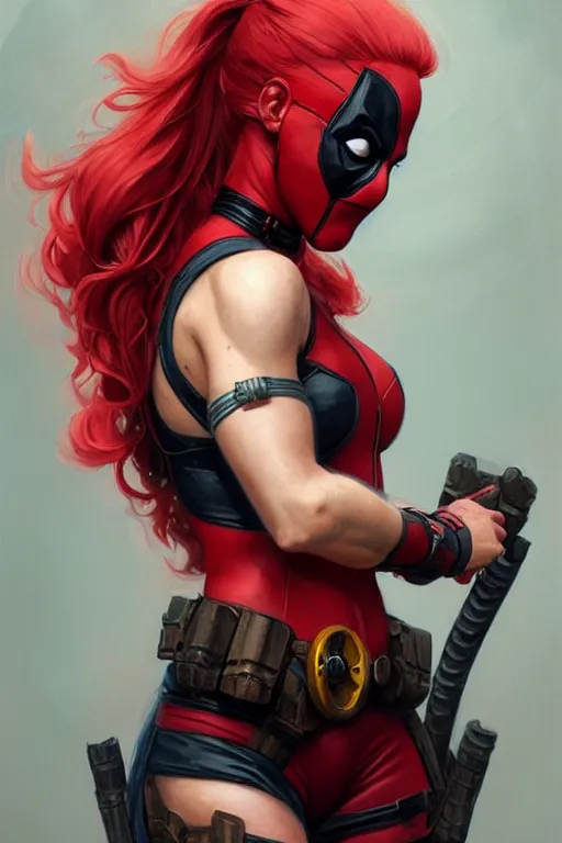 Image similar to portrait of a girl wearing deadpool costumes, upper body, red hair, long hair, d & d, fantasy, fierce, sharp features, intricate, elegant, highly detailed, digital painting, artstation, concept art, matte, sharp focus, illustration, art by artgerm and greg rutkowski and alphonse mucha