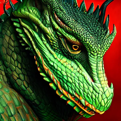 Prompt: realistic, portrait painting, large green dragon, sharp, kodachrome, cgi, hd, detailed