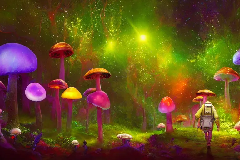 Image similar to an astronaut walking in an enchanted fantasy forest. colorful. glowing mushrooms. photorealism.