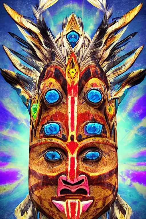 Image similar to totem animal tribal chaman vodoo mask feather gemstone plant video game illustration vivid colorful borderlands and by feng zhu radiating a glowing aura