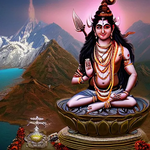 Prompt: Lord Shiva on Mount Kailasha in all his shining glory, hyper realistic, Hyper detailed, cinematic lighting, atmospheric