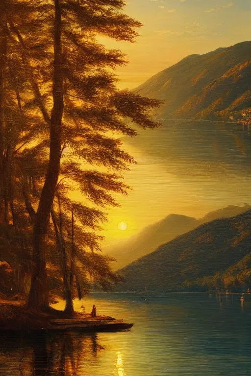 Prompt: A beautiful oil painting of Lake Como, intricate, elegant, golden hour, volumetric lighting, summer, hyperrealistic, colorful, hyperdetailed.