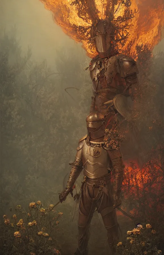 Image similar to portrait of a knight among flowers in dark forest, surrounded by fire and smoke, moody, rim light, dynamic lighting, cinematic shot, gritty, ultra - detail, renderman, physically based render, jean delville, gustave dore and marco mazzoni