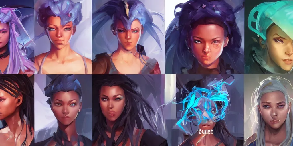 Image similar to concept art of young black female netrunner d & d video game characters head designs, unique hair designs, by marc brunet and artgerm