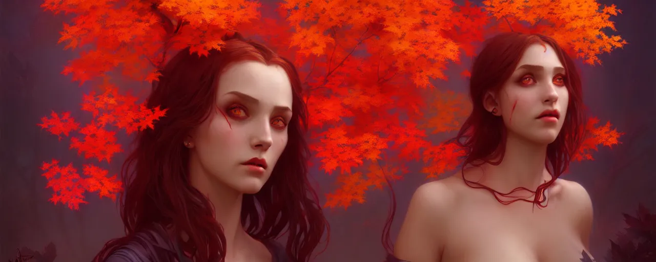 Prompt: girl with with hair becoming autumn red leaves trees, vampires with bloody fangsintricate, dreamy, digital painting, artstation, concept arti, unreal engine 5, 8 k, art by artgerm and greg rutkowski and alphonse mucha