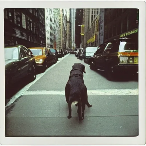 Image similar to wide-shot very low-angle eyesight photo of a dog at the street in New York, polaroid photo, by Andy Warhol, signed